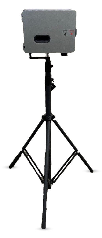 The APS400 sensor, a light grey box with an oval intake slot, mounted on a black tripod