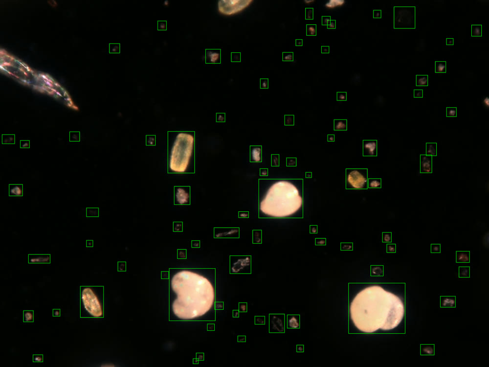 A microscope frame captured by the sensor, with green boxes around each particle the software found